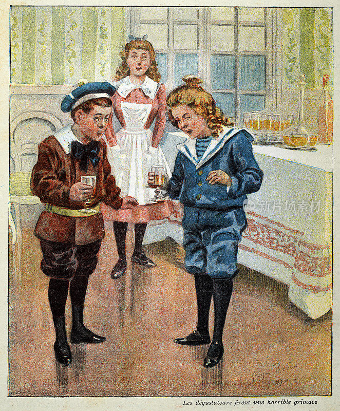 复古插图，男孩们对着不愉快的饮料味道做鬼脸，法国，19世纪