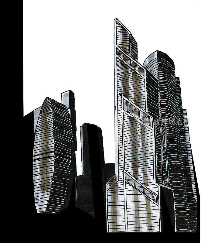 抽象的未来城市景观。城市里的摩天大楼。塞伯朋克。单色插图墨水图形。
