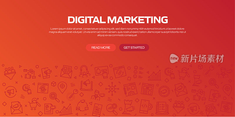 数字营销网络横幅与线性图标，潮流线性风格向量
