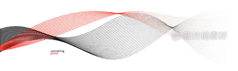 摘要背景矢量插图，红黑点运动曲线线，粒子流波隔离，单色黑白插图。