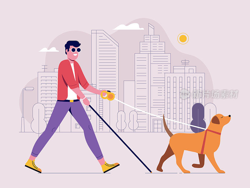 现代盲人带导盲犬散步