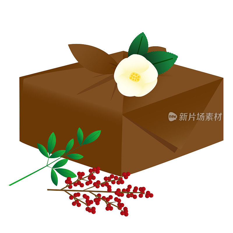 一份年终礼物的插图，包裹在带有纳米藤和山茶花的furroshiki布里。