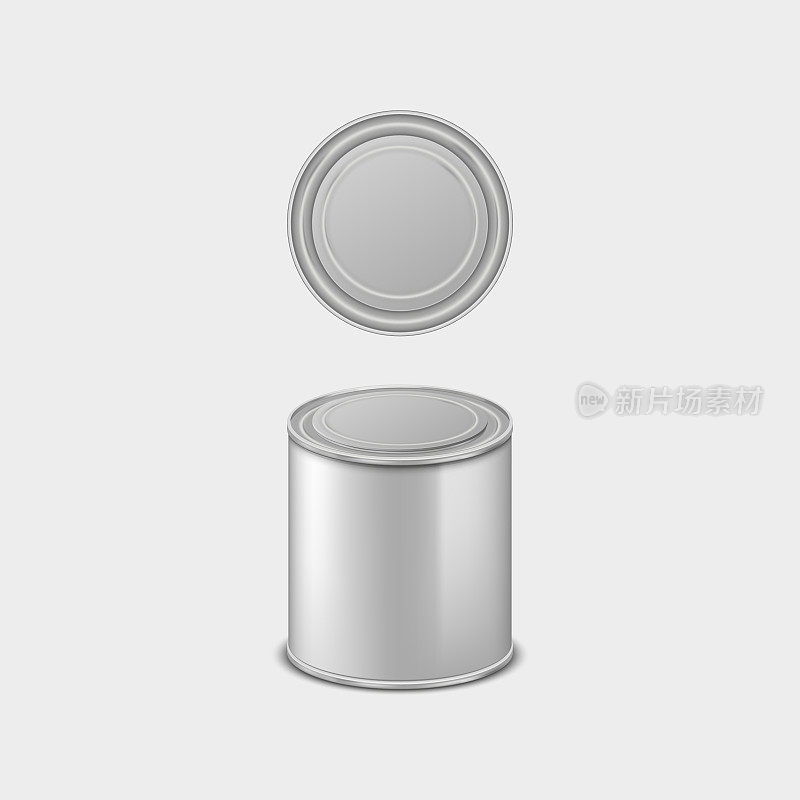 逼真的金属漆隔离锡罐。Chrome桶为存储模板空图标