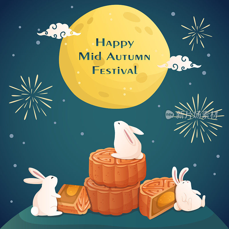中秋快乐插图横幅。可爱的兔子在晚上吃着美味的月饼，看月亮。