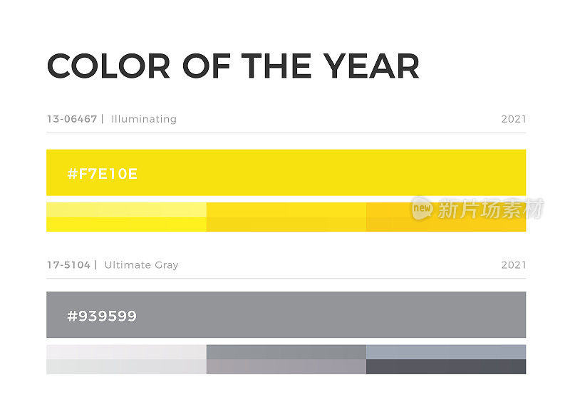 2021年颜色样本，灰色和黄色的标志，照片和插图的颜色样本