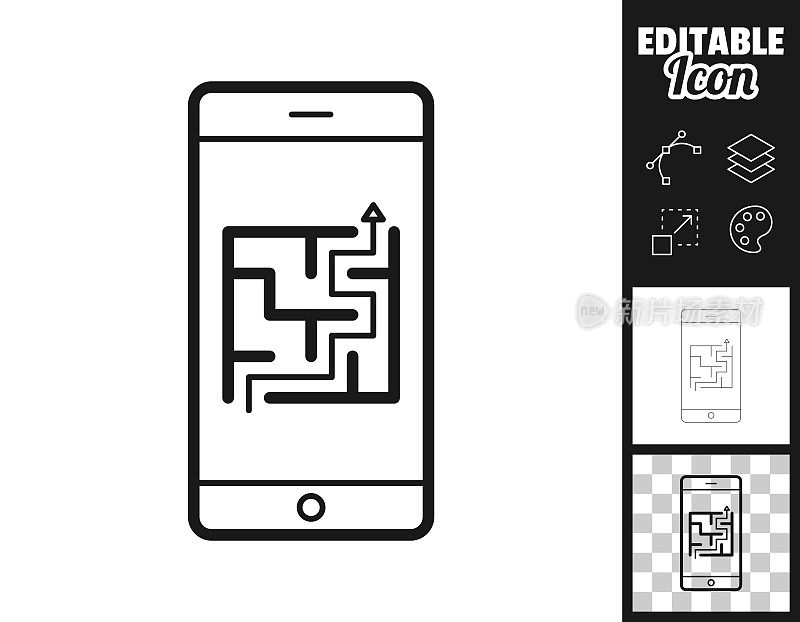 智能手机与迷宫。图标设计。轻松地编辑