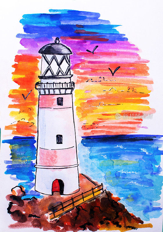 海边的灯塔。手绘的灯塔。草图。