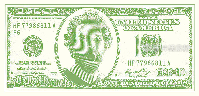 美国一百美元钞票上震惊的表情。通货膨胀。