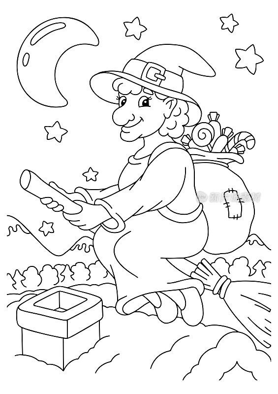 可爱的贝法娜骑在扫帚上，带着一袋礼物。儿童填色书页。卡通风格的角色。矢量插图孤立在白色背景上。