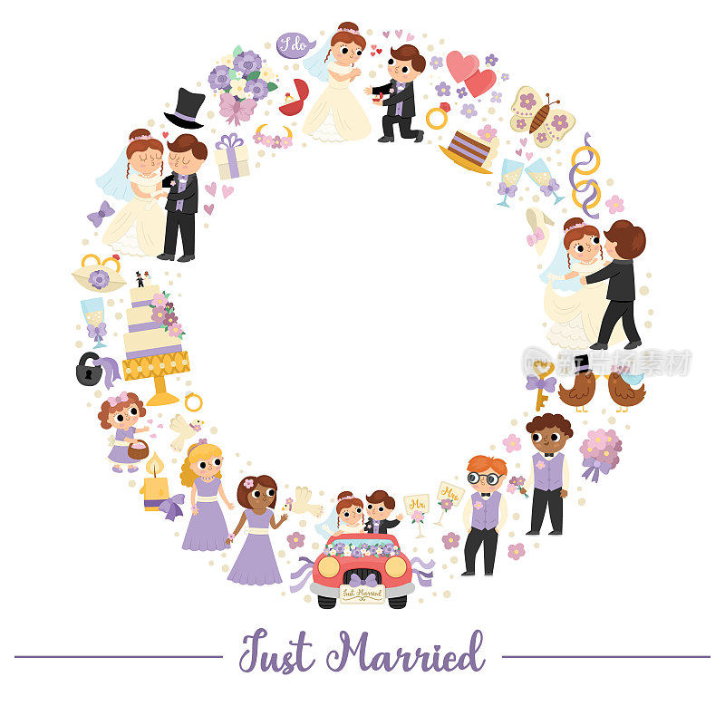 向量婚礼圆框与刚刚结婚的夫妇。结婚典礼用花圈作横幅、请柬。可爱的婚礼插画与新娘，新郎，伴娘，新郎，蛋糕，戒指