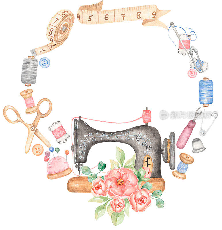 水彩缝纫机和牡丹花花束框剪贴画，粉色花园花和缝纫设备插图。裁缝店标志，卡片制作
