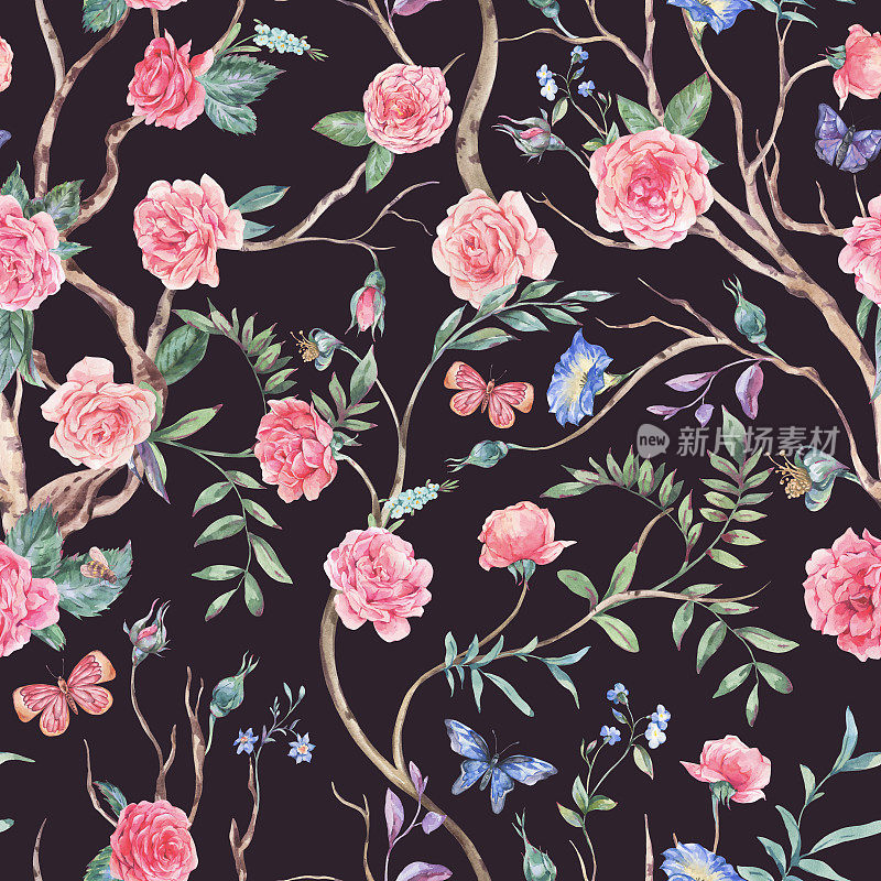 水彩画花园玫瑰花束，开花树无缝图案，黑色上有中国风的花香纹理