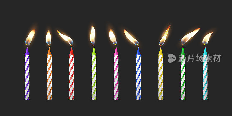 矢量3d现实石蜡或蜡燃烧的生日派对蜡烛和不同的火焰蜡烛图标集隔离在黑色背景。设计模板，剪贴画，生日概念