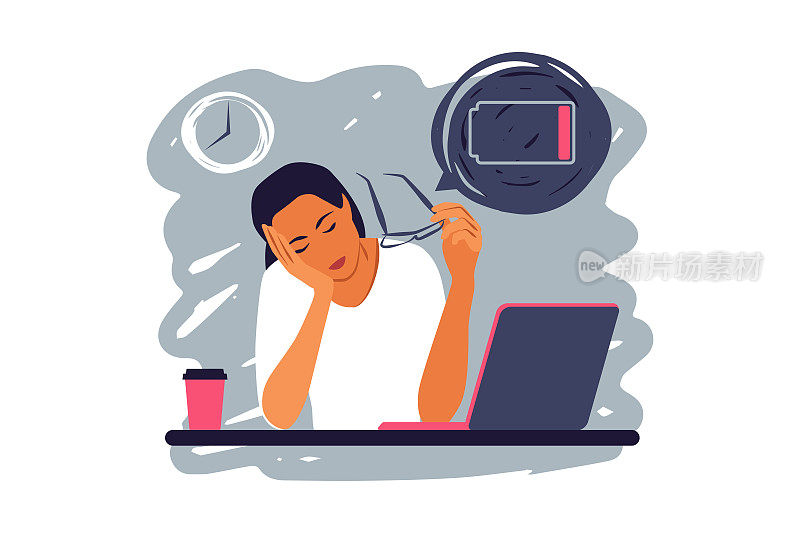 职业倦怠综合症。疲惫的女经理坐在办公室的笔记本电脑前。长时间工作的概念。矢量插图。