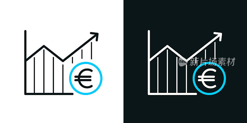 欧元硬币的增长图。黑色或白色背景上的双色线条图标-可编辑笔触