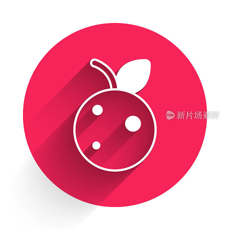 白桃果实或油桃与叶片图标隔离与长阴影背景。红色圆圈按钮。向量