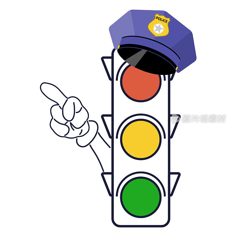红绿灯，戴着警察帽的卡通红绿灯，还有一只手在指示方向。红绿灯卡通。矢量，卡通插图。向量。