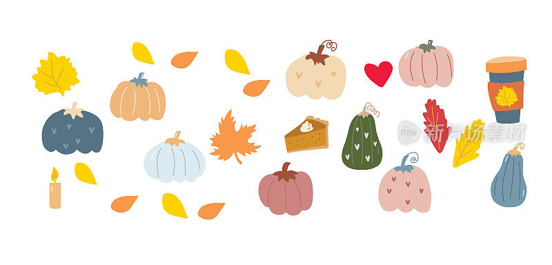 秋天的南瓜。秋天农家乐矢量可爱手绘插图集。感恩节蓝色、黄色、灰色的南瓜有秋天的叶子