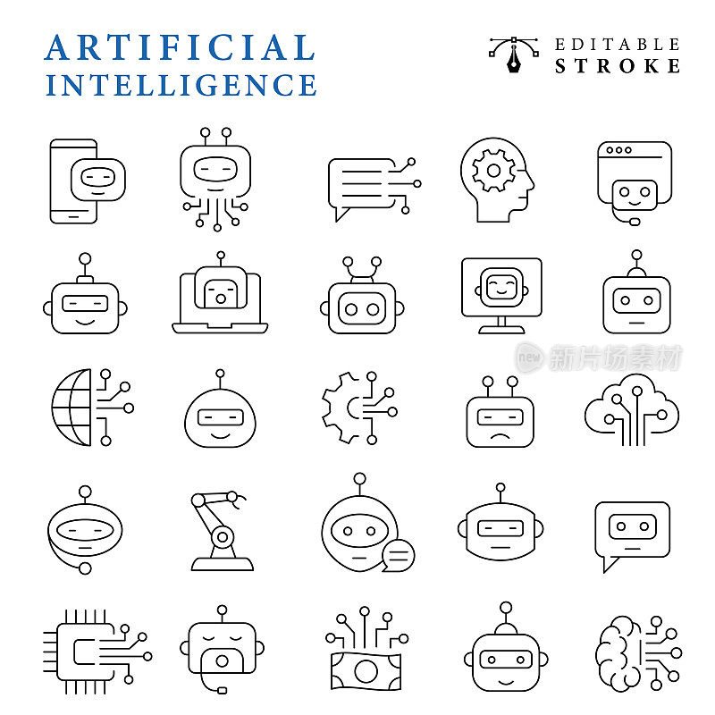 人工智能细线矢量图标。聊天机器人。机器人图标集。可编辑的中风。