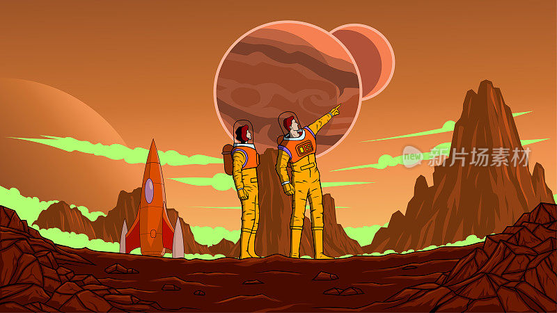 矢量科幻复古宇航员团队降落在一个新的红色星球股票插图
