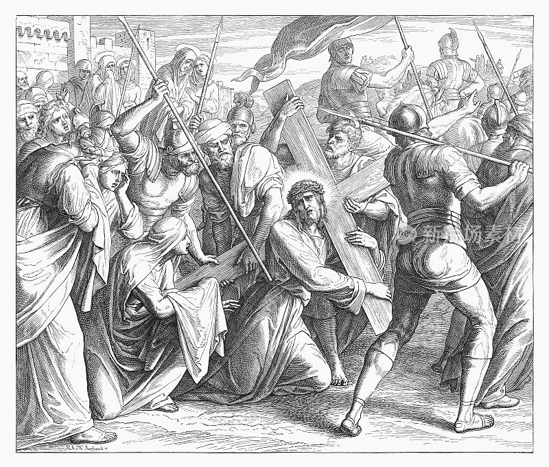 耶稣在去各各他地的路上(路加福音23)，木刻，1860年