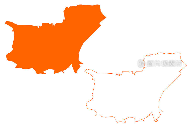 蒂尔堡市和自治区(荷兰王国、荷兰、北布拉班特省或北布拉班特省)地图矢量插图，涂鸦草图地图