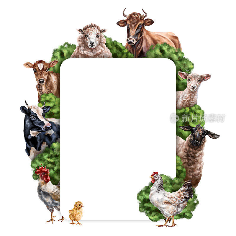农场里的鸡、牛、羊在树丛中组成一架架。用于明信片，纺织品，小册子，横幅，贴纸。白色背景上的数字插图