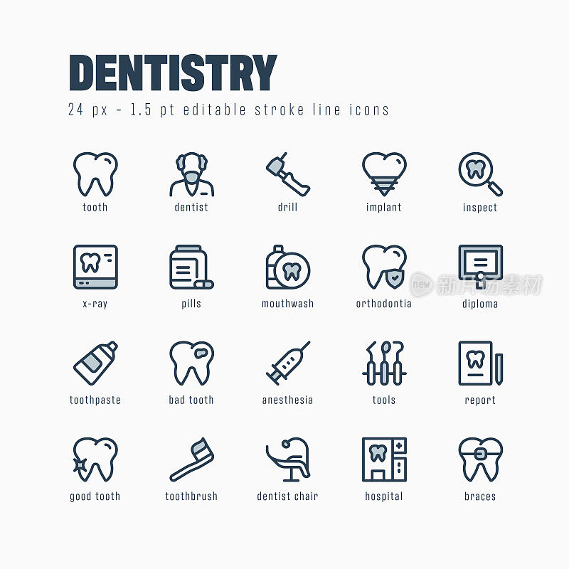 牙科线图标集。可编辑的中风。像素完美。
