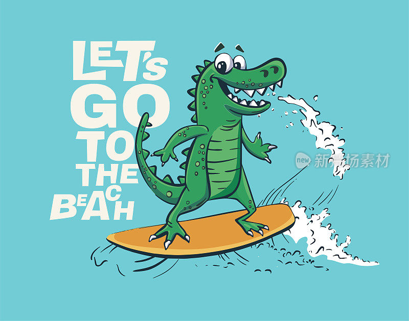 鳄鱼冲浪在大浪凉爽的夏季t恤印花。非洲动物骑冲浪板