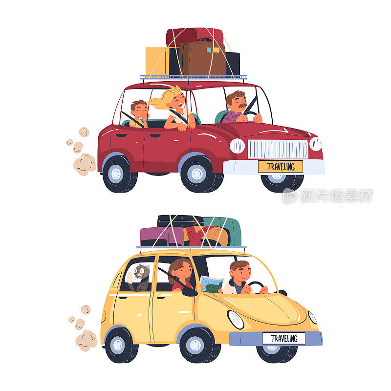 在度假向量集上，带车顶行李箱驾车旅行的人物角色