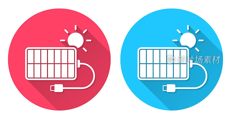 太阳能充电器。圆形图标与长阴影在红色或蓝色的背景