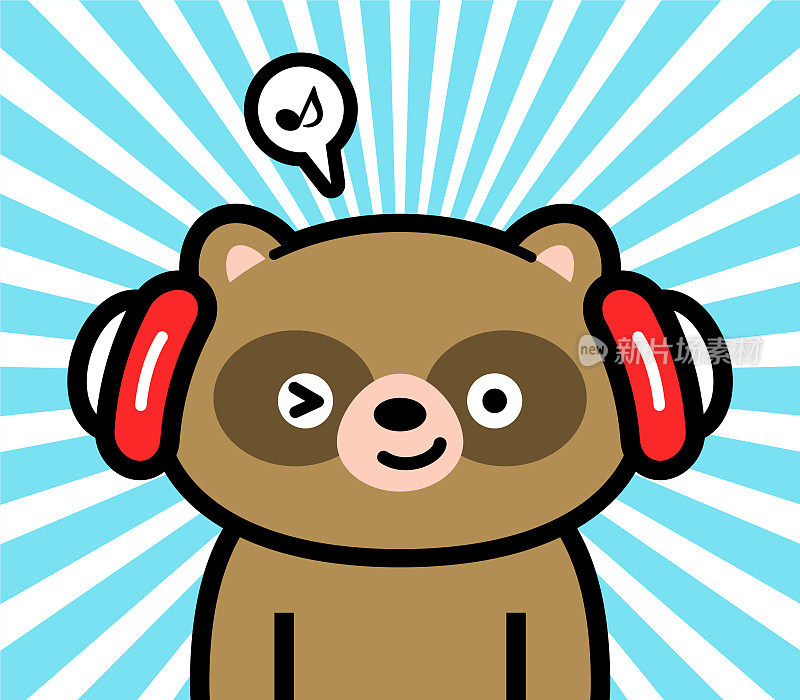 可爱的角色设计的小浣熊戴着耳机