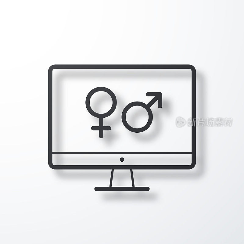 带有性别符号的台式电脑。线图标与阴影在白色背景