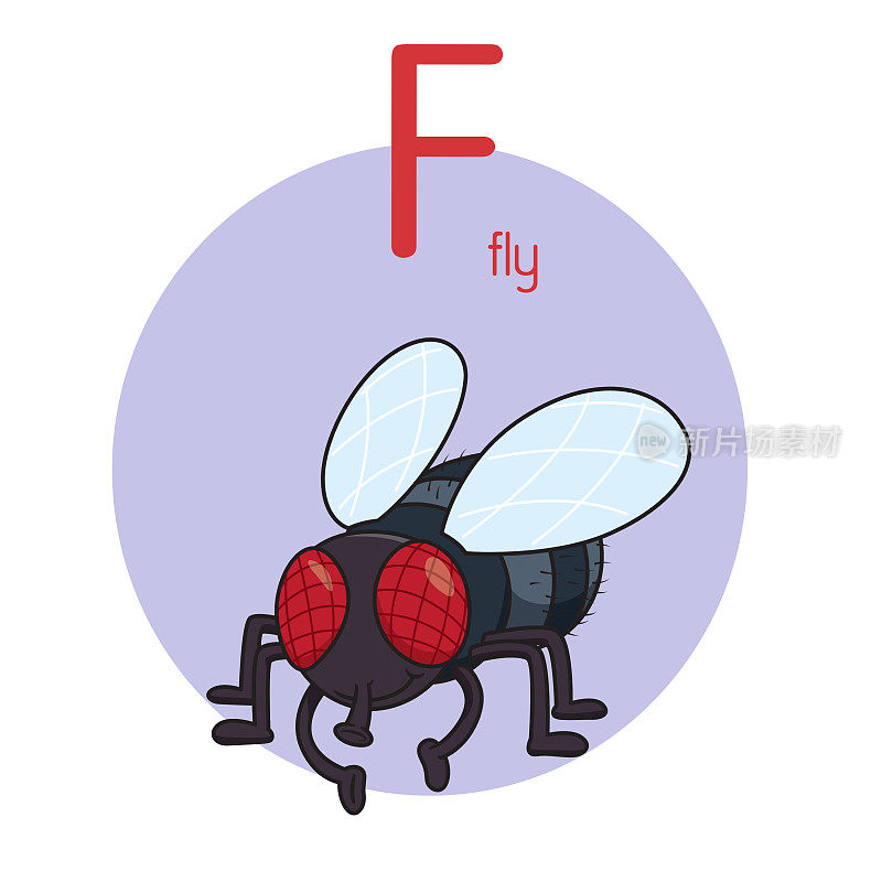 矢量插图苍蝇与字母F大写字母或大写字母的儿童学习练习ABC