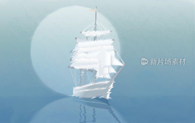 以月亮盘为背景的帆船，浪漫的风格