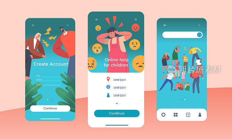 在线帮助儿童移动应用程序页面板载屏幕模板。家庭争吵，父母和孩子的冲突
