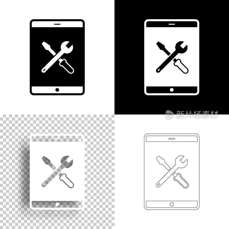 平板电脑设置-工具。图标设计。空白，白色和黑色背景-线图标