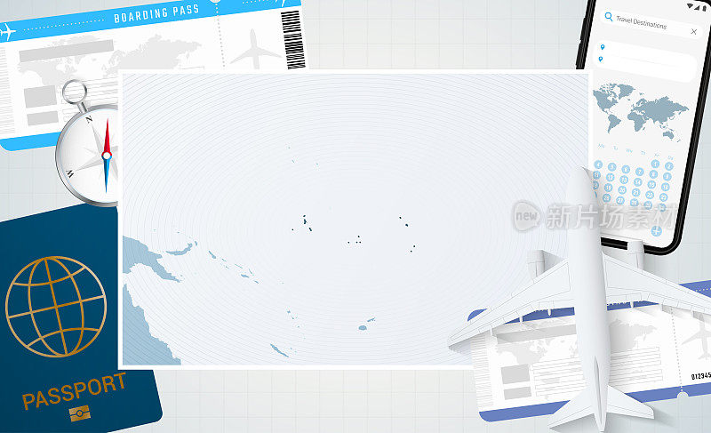 基里巴斯之旅，基里巴斯地图插图。背景有飞机，手机，护照，指南针和机票。