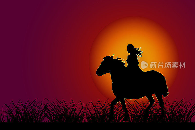 日落时骑马的女孩。日落天空背景上的骑马剪影。