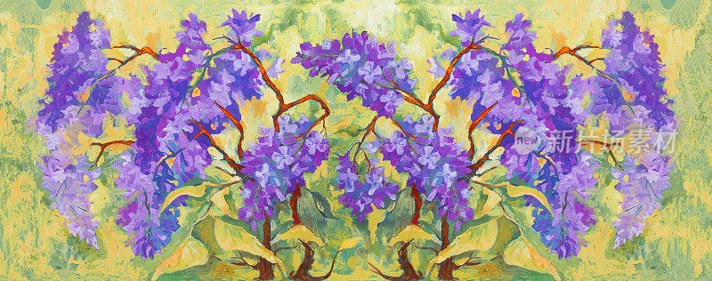 插图油画风景紫色丁香对背景的树和灌木在阳光的眩光
