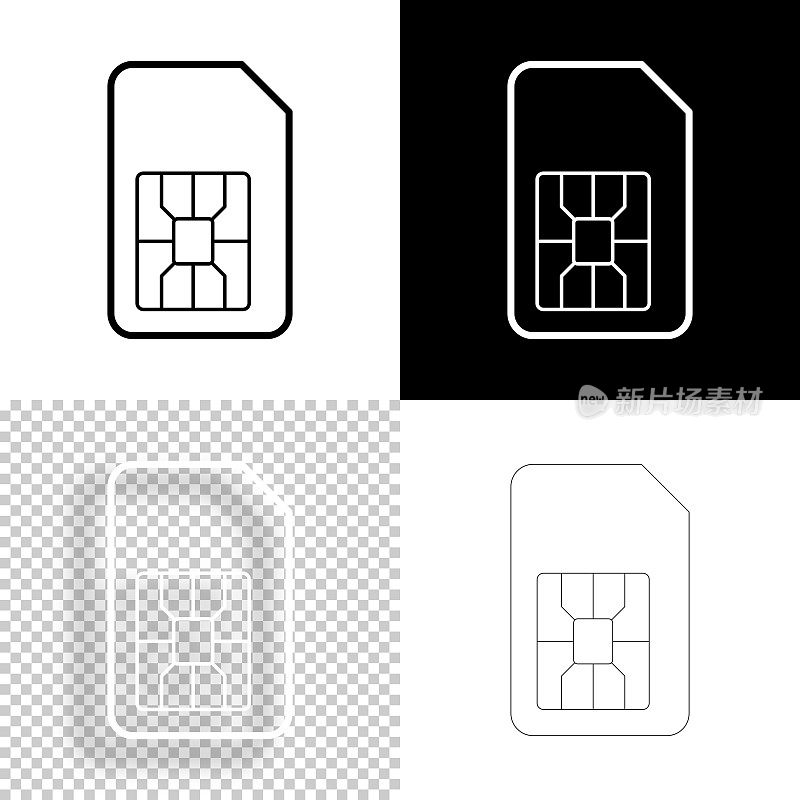 SIM卡。图标设计。空白，白色和黑色背景-线图标