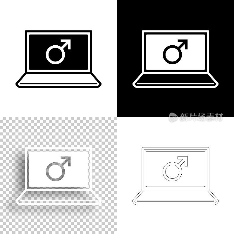 带有男性符号的笔记本电脑。图标设计。空白，白色和黑色背景-线图标