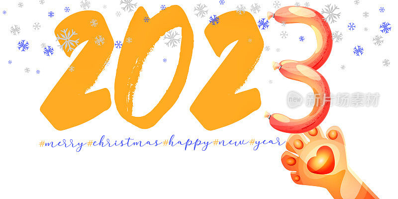 卡通风格的新年和圣诞节庆祝概念。小猫爪子，香肠和雪花在孤立的白色背景上。