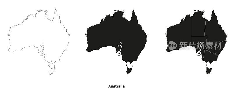 澳大利亚地图的轮廓，黑色和详细。3张。