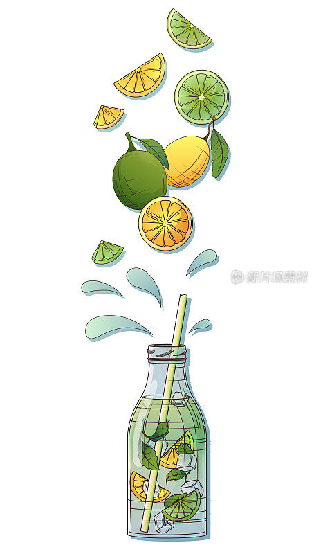 矢量插图瓶新鲜柠檬水，一杯果汁，酸橙，柠檬。