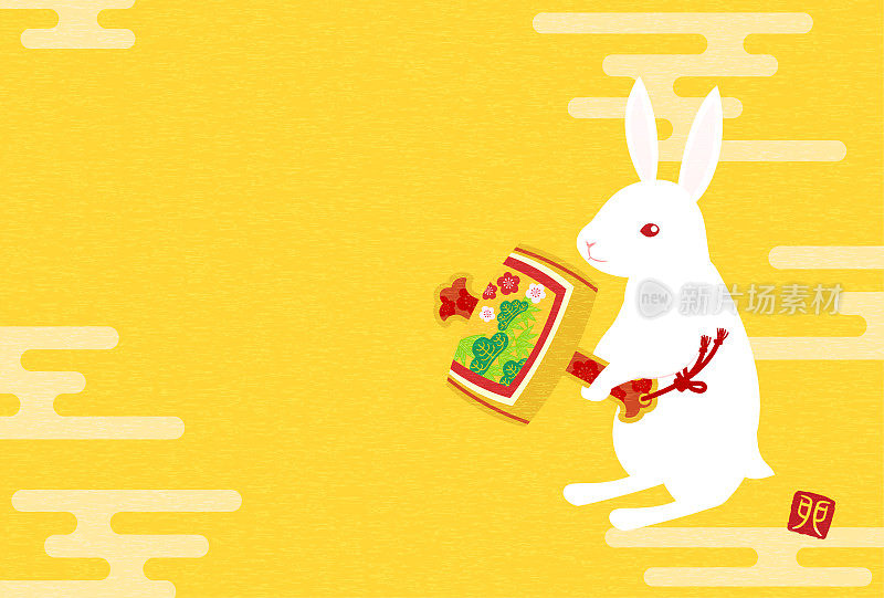 2023年兔年日本图案能团子，兔与内田野小泉，江水日本图案背景。翻译:兔子