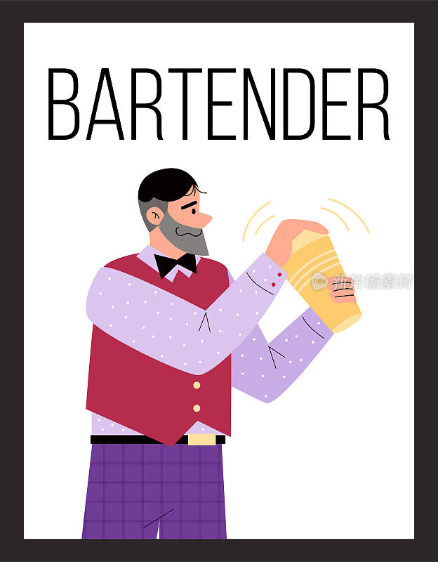男调酒师混合饮料在波士顿摇壶，海报模板与文字，平面矢量插图。