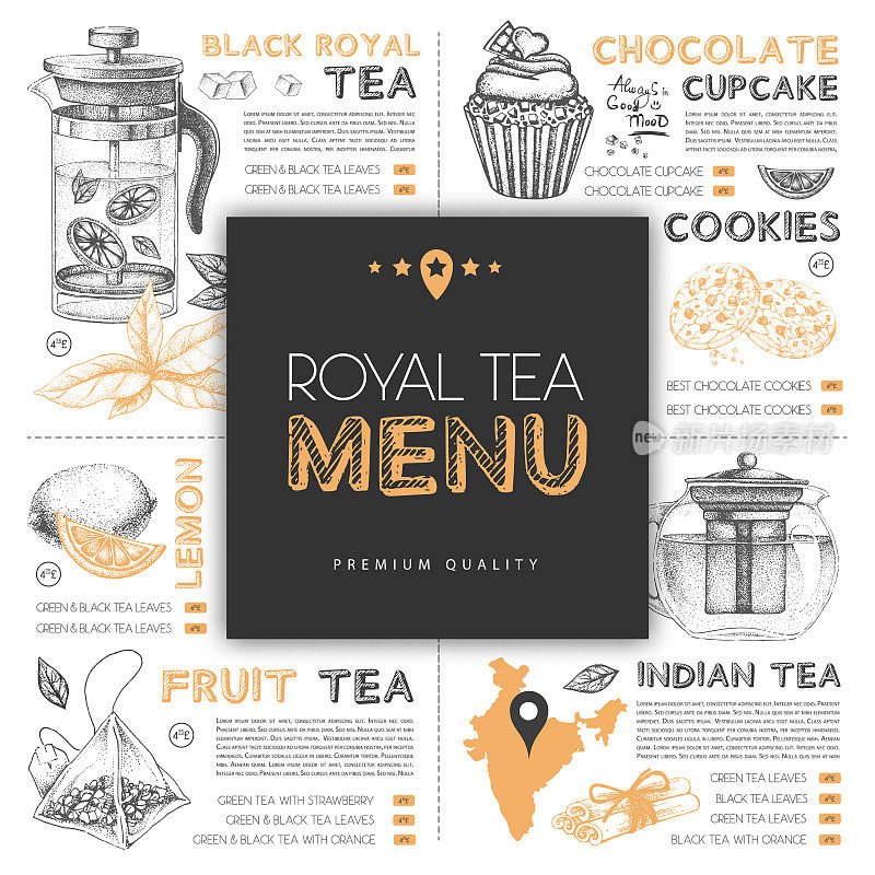 餐厅御茶菜单设计采用手绘茶元素。矢量图