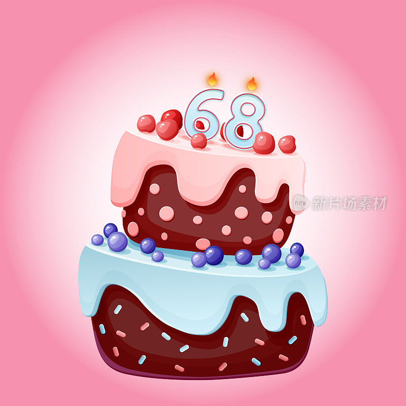 68岁生日蛋糕，插上68号蜡烛。可爱的卡通节日矢量形象。巧克力饼干配浆果、樱桃和蓝莓。派对上的生日快乐插画