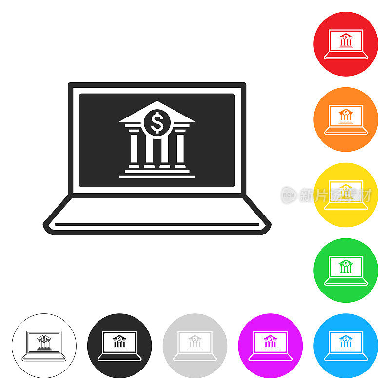 笔记本电脑。彩色按钮上的图标